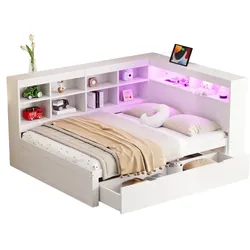 OKWISH Multifunktionales Doppelbett 140x200 Massivholz mit USB Steckdose LED Lichtleiste Stauraum Regale modern praktisch Weiß