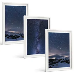 BILDER SET 3er Set - 40x60 cm Weißer Rahmen - Nachthimmel, Berge, Sterne