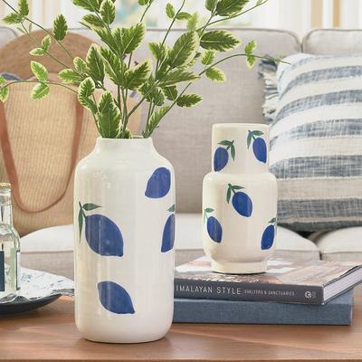 "Lemon Ceramic Vase - Blue, Blue, 12"" - Grandin Road"