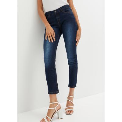 7/8-Jeans BONPRIX "Slim Fit Jeans Mid Waist, cropped", Damen, Gr. 36, N-Gr, blau (dunkelblau used), Denim/Jeans, Obermaterial: 82% Baumwolle, 17% Polyester, 1% Elasthan, unifarben, slim fit 7/8-Länge, Jeans, Slim fit Passform, aus Baumwollmischung,...