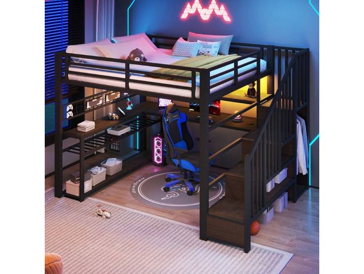 Lit Mezzanine 2 Place en métal avec LED et armoire Lit mezzanine gaming 140x200 pour gaming avec bureau et rangements Noir