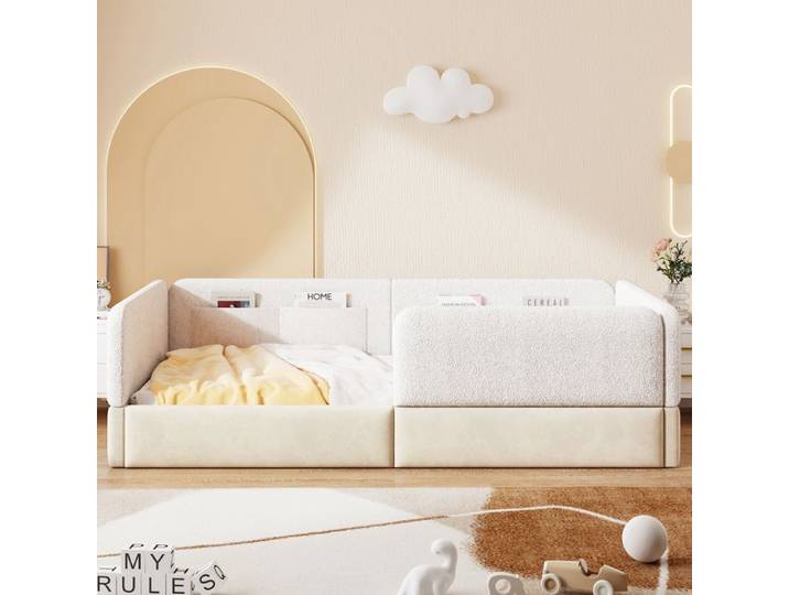 Lit enfant 90x200cm lit plateforme rembourré barrières de sécurité et sacs de rangement lit simple sommier à lattes MDF+PU blanc