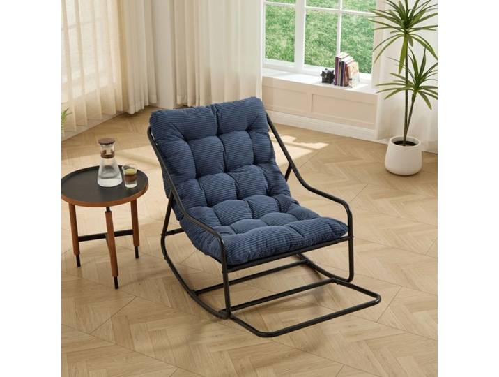 Fauteuil à bascule d'extérieur - Bascule - Coussin bleu marine épais - Structure acier noire - Mouvement réglable