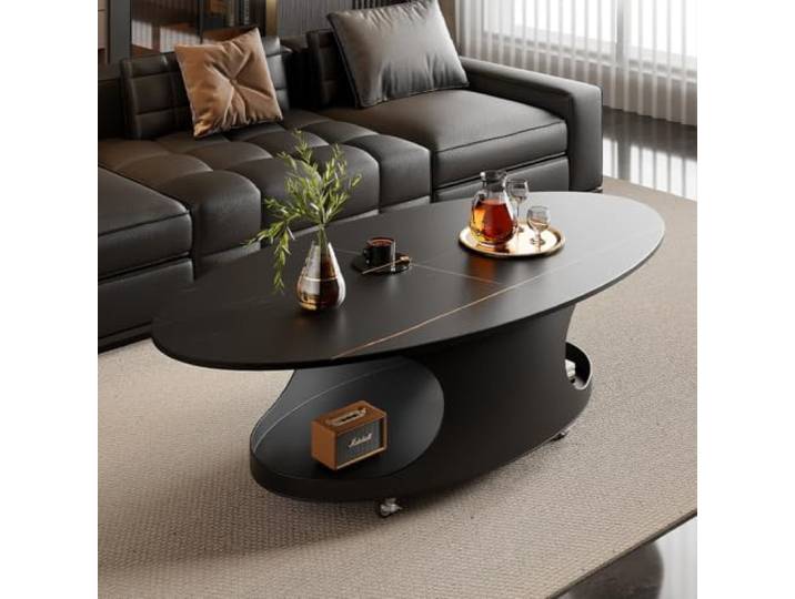 Moderner ovaler Couchtisch mit Rollen und Tischplatte aus Sinterstein Moderner Couchtisch aus Sinterstein mit Stauraum – Premium-Mittelpunkt für exklusive Lounges(E,120cm/47.2in)