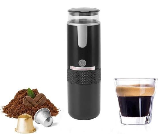 Draagbare handmatige espressomachine voor koffiecapsules en gemalen koffie, zwart