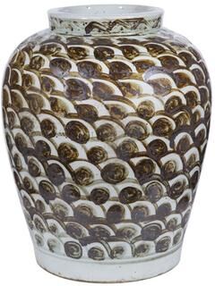 Legend of ASIA Rusty Brown Jar With Fish Scale Pattern Brown Porcelain