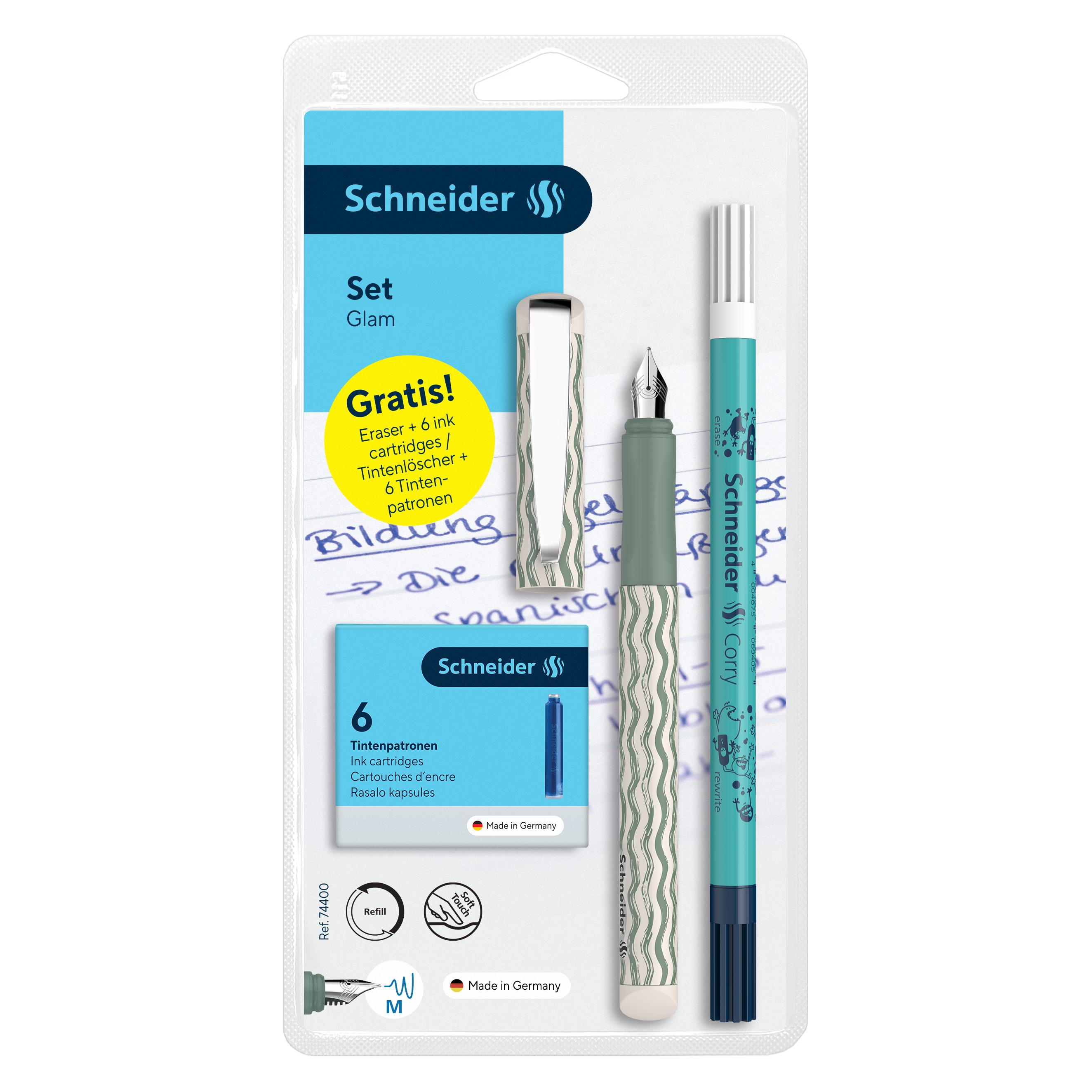 Schneider Füllhalter Glam M sortiert Set + Tintenlöscher Corry + 6 Patronen (1x) (74400)