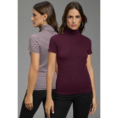 Rollkragenshirt FLASHLIGHTS, Damen, Gr. 52/54, bordeaux, stripe, Rippware, Obermaterial: 100% Baumwolle, gestreift, unifarben, Basic, figurbetont, abgesteppt, Shirts, eng geschnitten, aus Baumwolle, Kurzarm