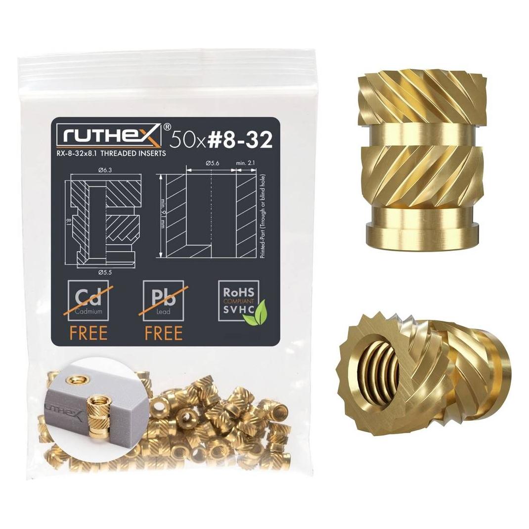 Ruthex #8-32 Gewindeeinsatz Zoll (UNC) - 50 Stück RX-8-32x8.1 Gewindebuchsen aus Messing (GE-8-32x81-001)