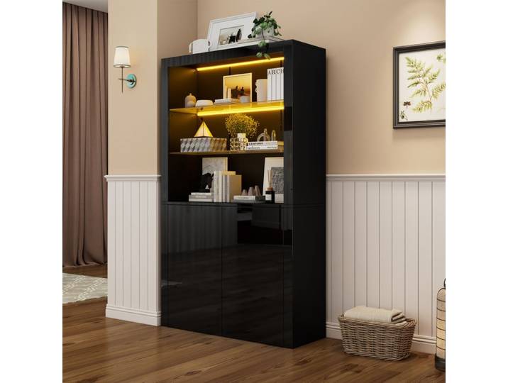 LPOSPI Vitrine moderne led 100x35x170 cm avec étagères en verre et portes battantes meuble de rangement mdf noir