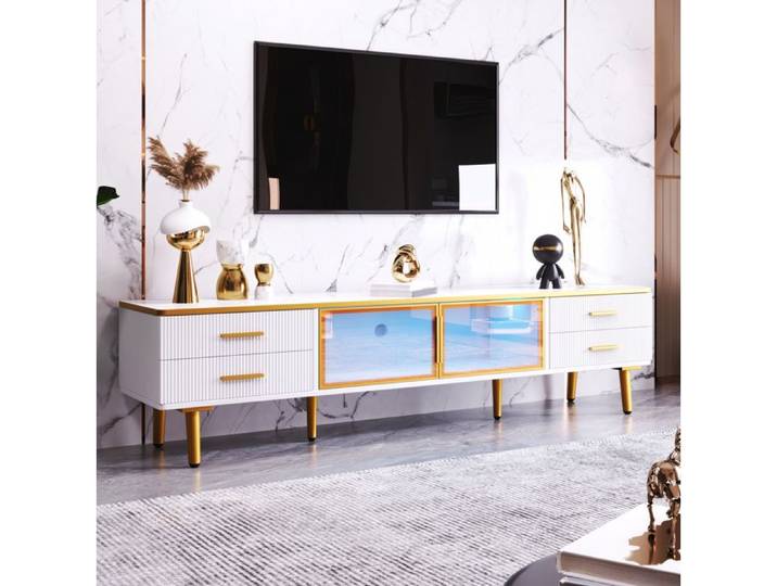VUENOR Meuble TV 170 x 37 x 47 5 cm blanc et doré avec LED multicolore et 4 tiroirs