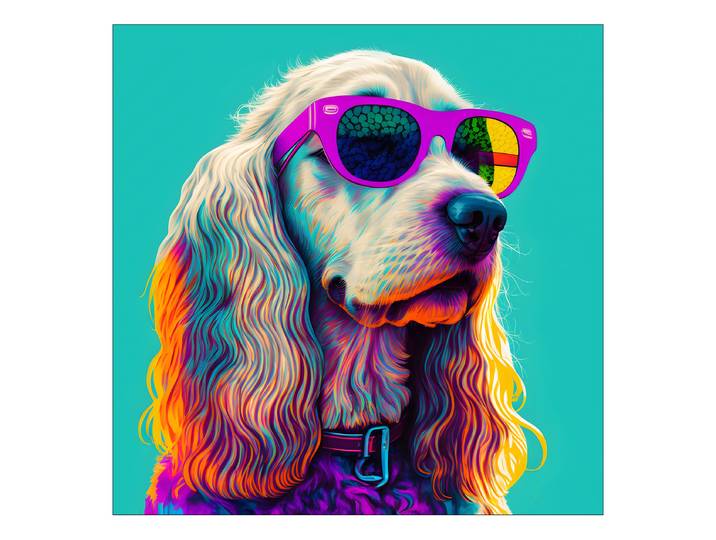 Tableau Chien à lunettes II Cadre : panneau de fibres de bois MDF Revêtement : toile Turquoise/Mauve/Beige 30 x 30cm