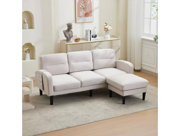 BXEYXE Ecksofa L-Form Sofa 3-Sitzer mit Chaiselongue, kleines Ecksofa aus, An der Seite befindet Sich eine Aufbewahrungstasche,10 Sofabeine,Geeignet für das Wohnzimmer,204x136x80cm,Beige