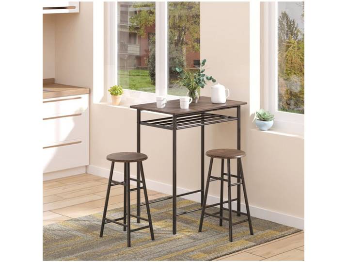 VUENOR Ensemble table haute 3 pièces 80 x 50 x 90 cm noir avec 2 tabourets et étagère