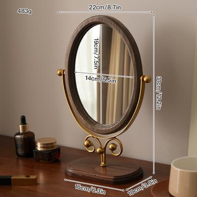 Fusion Finds Vintage Wooden Makeup Mirror Rotating Desktop Vanity Mirror With Classic Wooden Stand color Gold