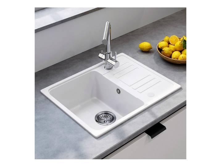 HOROW Granitspüle Küchenspüle Granit Siphon Einbauspüle Spülbecken, 57/45 cm, Vorgebohrt für eine Armatur Reversibel – Links oder Rechts montierbar, (Granit Siphon, mit Siphon Ab- und Überlaufgarnitur), mit Siphon Ab- und Überlaufgarnitur