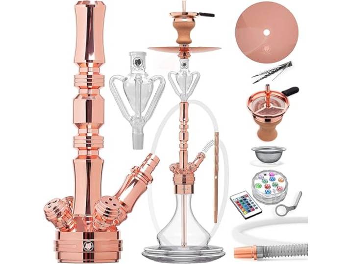 DILAW® Shisha Set TRIPHAN 96cm Edelstahl Wasserpfeife Profi Zubehör Komplett-Set bis 4-Anschlüsse mit Bowl, LED Licht, Kaminkopf, Molassefänger, Silikonschlauch, Alu Mundstück, Tonkopf & Kaminaufsatz