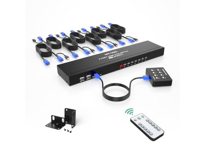 MT-VIKI HDMI KVM Switch 8 Port HDMI KVM Konsole 8 in 1 Out mit IR Fernbedienung 8xKVM Kabel Desktop Selektor 4 USB-Port Auto Scan 2xRack-Satz 4K30Hz