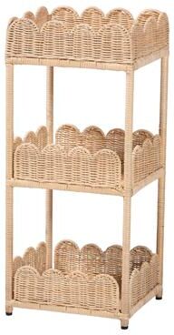 bali & pari Brooks Natural Rattan 3-Tier Storage Shelf - Handwoven Wicker Display Stand with Scalloped Borders, Coastal Boho Style