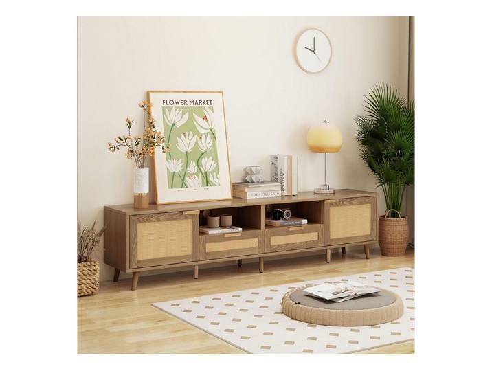 STILVORA TV-Schrank mit Rattanschubladen,TV-Schrank Fernsehschrank mit verstellbare Beine (TV-Konsolentisch,200*37*49cm) Geflochtener Rattan-TV-Boards