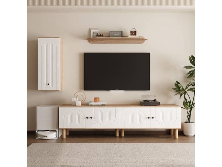Meuble TV mural - KOMHTOM - 3 pièces - 170x40x50 cm - Blanc & naturel - Vitrine avec portes sculptées