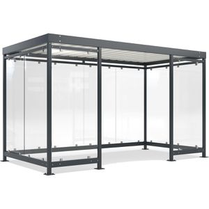 WSM Personenunterstand Köln K4 c/c BS, anthrazit, aus Metall, 3 Wände + Windfang aus Glas, 420 x 217cm (B/T), für 8 Personen