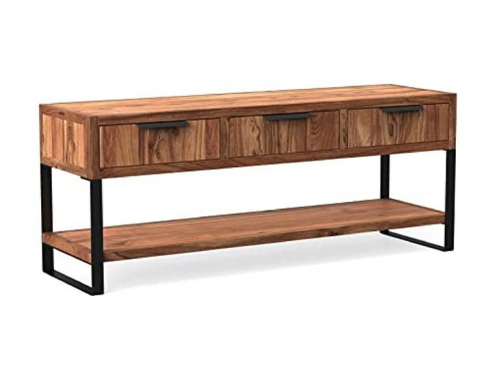 Woodkings® TV-Bank Sydney 137cm massiv Holz Wohnzimmer Möbel Lowboard mit Ablage und Schubkästen TV-Regal Stauraum Metallfuß
