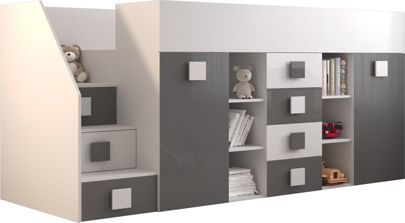 Etagenbett für Kinder Toledo 3 Stockbett mit Treppe, Schreibtisch, Bettkasten (Weiß/Weiß Glanz + Grau Glanz, Seite: Links)