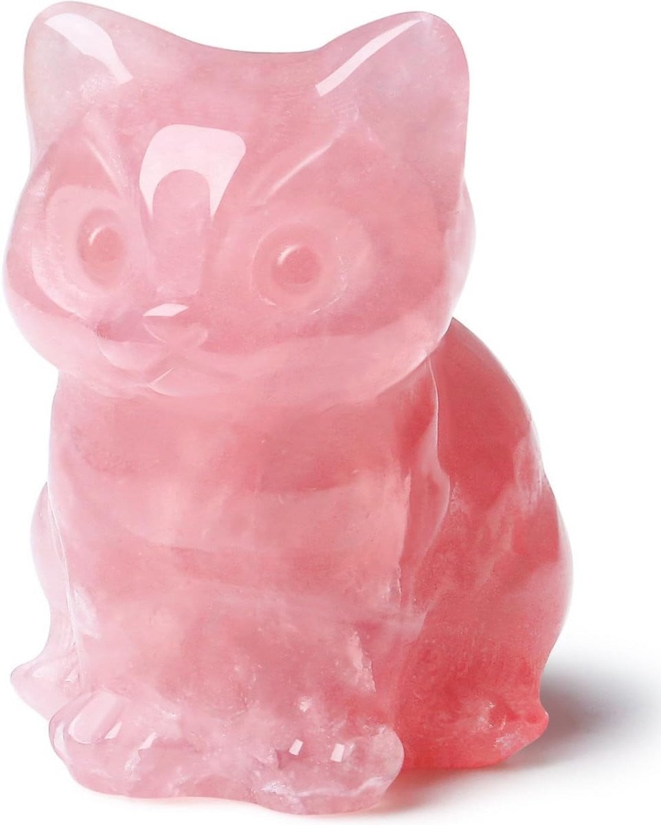 Kristallen Kat Beeldje van Natuurlijke Rozenkwarts - Roze Decoratie - Hoogte: 3,8 cm