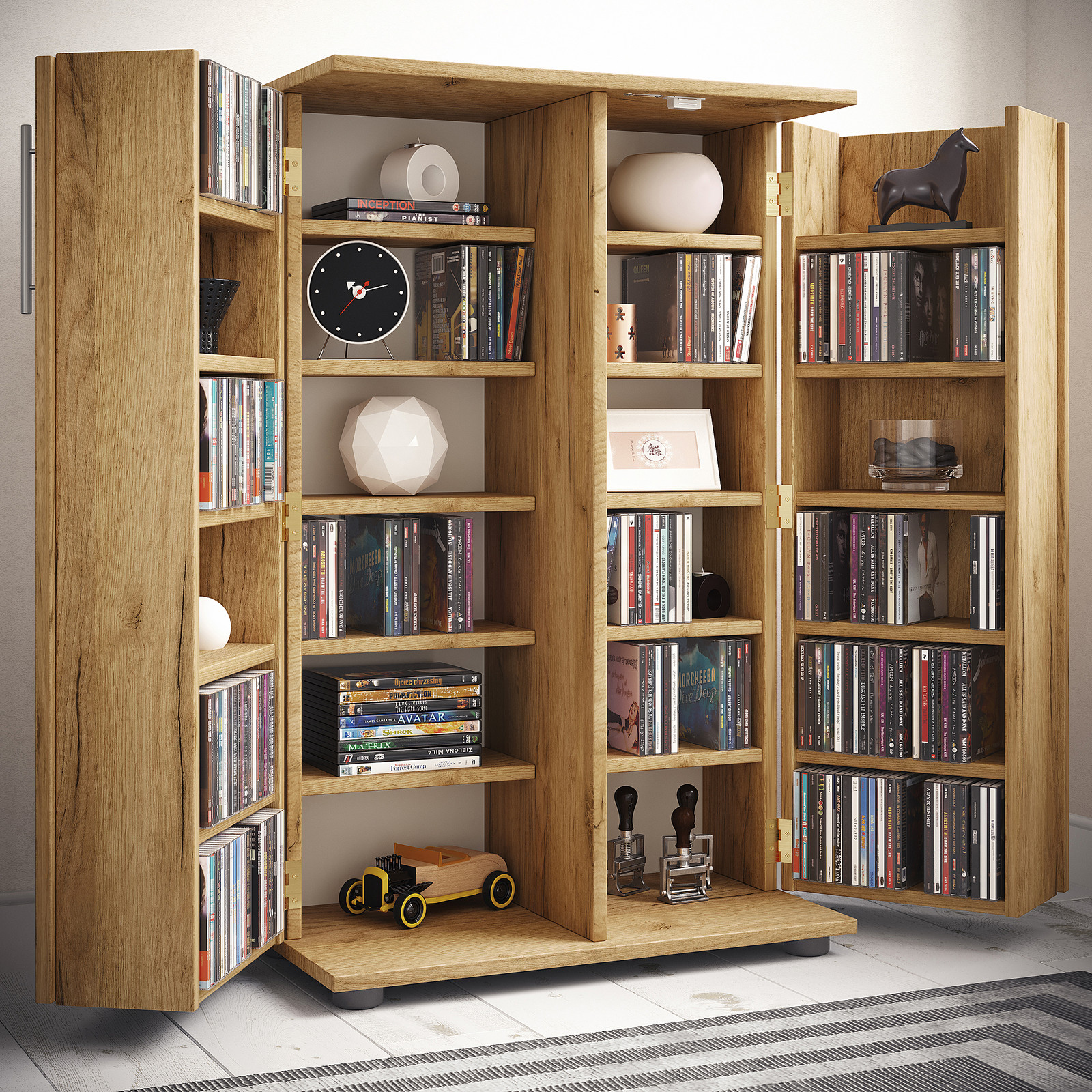 VCM Engalo XL Houten CD DVD Kast met 2 Afsluitbare Deuren, Bruin Eikenlook, H 93 x B 60 x D 31 cm