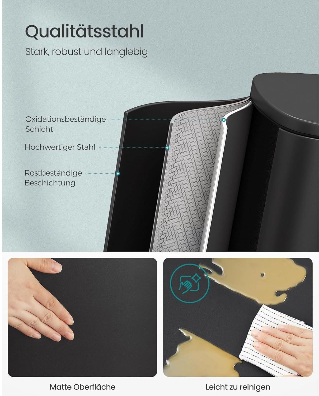 Mülleimer SONGMICS "50 l", schwarz, B:43,2cm H:58,3cm T:37,1cm, Kunststoff, Stahl, Mülleimer, Mülleimer schwarz B/H/T: 43,2cm x 58,3cm x 37,1cm, 50 l