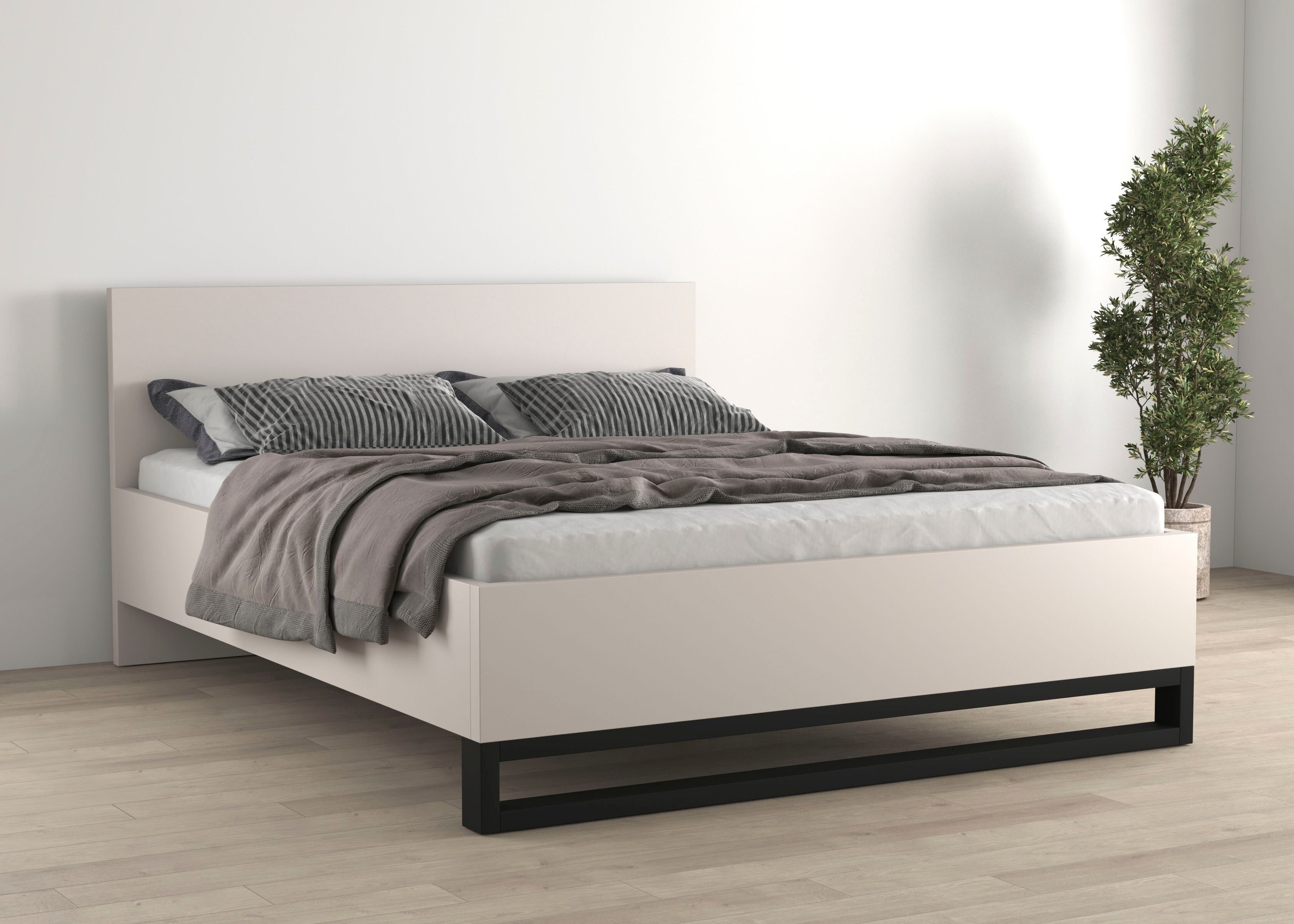 Bettgestell HOME AFFAIRE "Bronne, Topeseller, Industrial Design", beige (kaschmir, kaschmir, schwarz), B:188cm H:93,5cm L:208,6cm, Betten, Bettgestell, Stauraumbett in drei Breiten, stabil mit Kufen in Metalloptik kaschmir, kaschmir, schwarz Liegefläche L