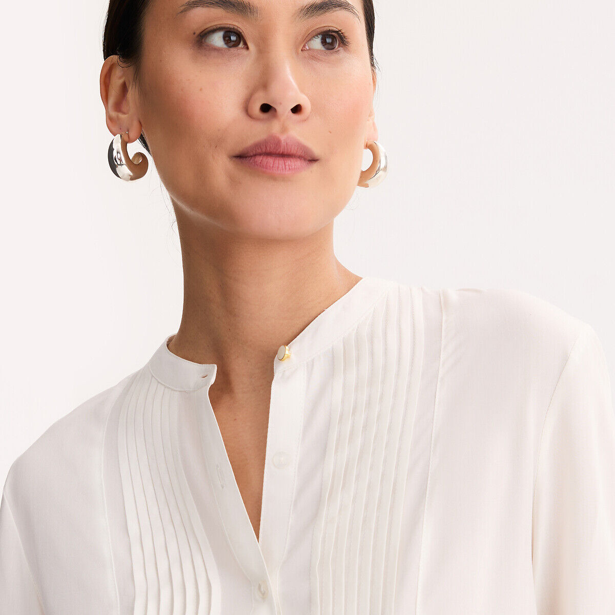 ANNE WEYBURN Blouse col rond en viscose fluide, plastron plis piqués, manches longues