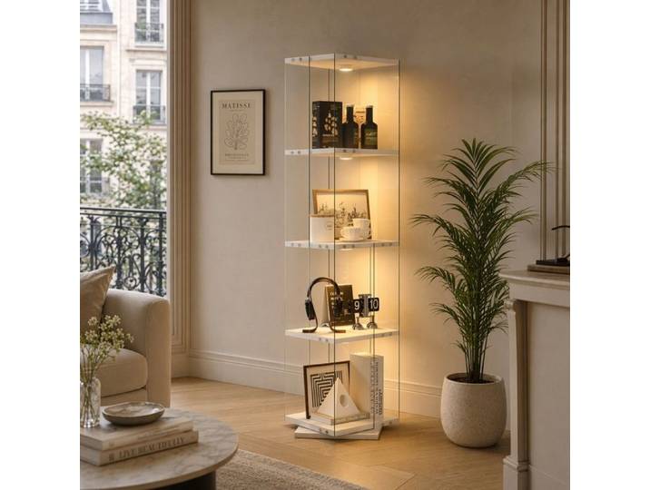 Vitrine en verre avec LED et 4 étagères Design rotatif à 360 degrés Vitrine sur pied pour collection 38 x 38 x 160cm Blanc