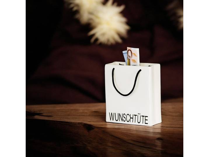 Aufbewahrungsbox GILDE Spardose Wunschtüte , weiß, B:13cm H:14cm T:5cm, Porzellan, Aufbewahrungsboxen, Aufbewahrungsbox, Mit Schriftzug, abschließbar, Moneybox