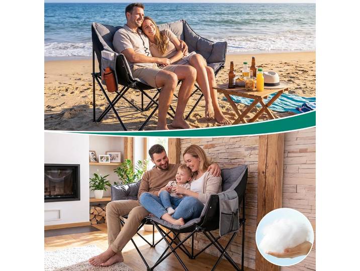 Fauteuil double de camping portable, canapé de jardin pliant 2 places, chaise lune surdimensionnée, siège de camping rectangulaire rembourré, chaise double d'extérieur robuste et rembourrée, capacité