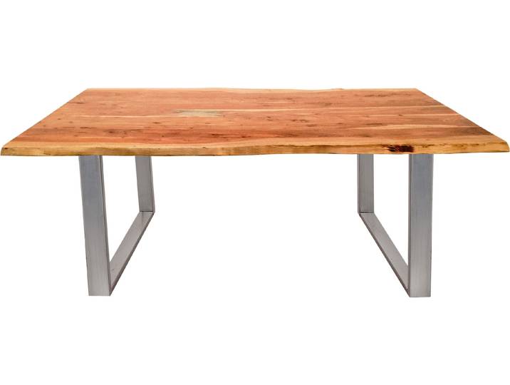 Esstisch SIT Xàtiva aus Akazienholz Massivholz mit Baumkante & Stahlgestell , beige (naturfarben), B:140cm H:77cm T:80cm, Tische, Esstisch, Naturbelassene Baumkante trifft auf modernes U-Stahlgestell