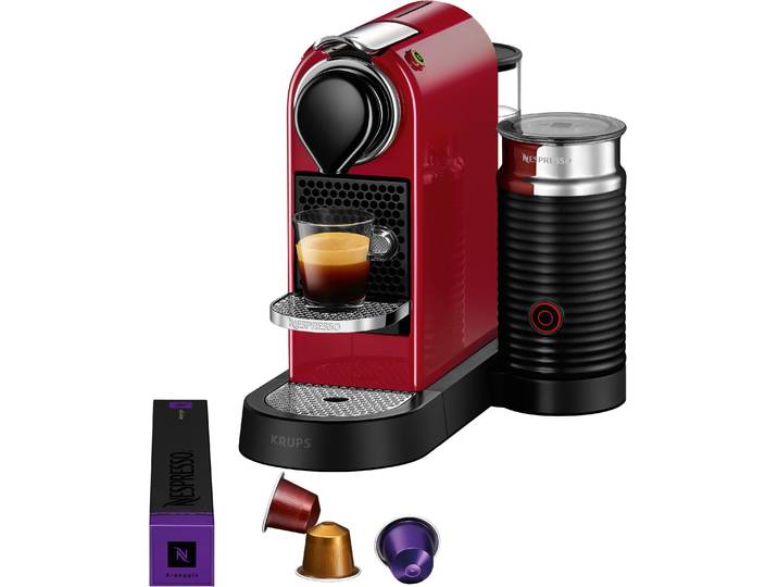 NESPRESSO Kapselmaschine XN761B CitiZ & Milk von Krups , rot, B:26,7cm H:34,3cm T:38,8cm, Kaffeemaschinen, inkl. Aeroccino Milchaufschäumer, Willkommenspaket mit 7 Kapseln, Kapselmaschine