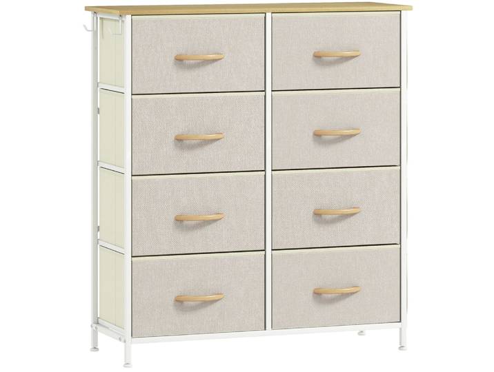 Commode 8 tiroirs en tissu cadre en acier beige