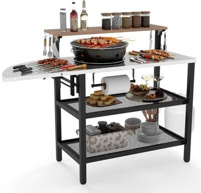 Costway Outdoor Foldable Grill Table with Flip-Up Top and 2 Storage Shelves for Backyard Garden