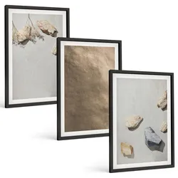 BILDER SET 3er Set - 40x60 cm Schwarzer Rahmen - Steine Strand natürliche Strukturen