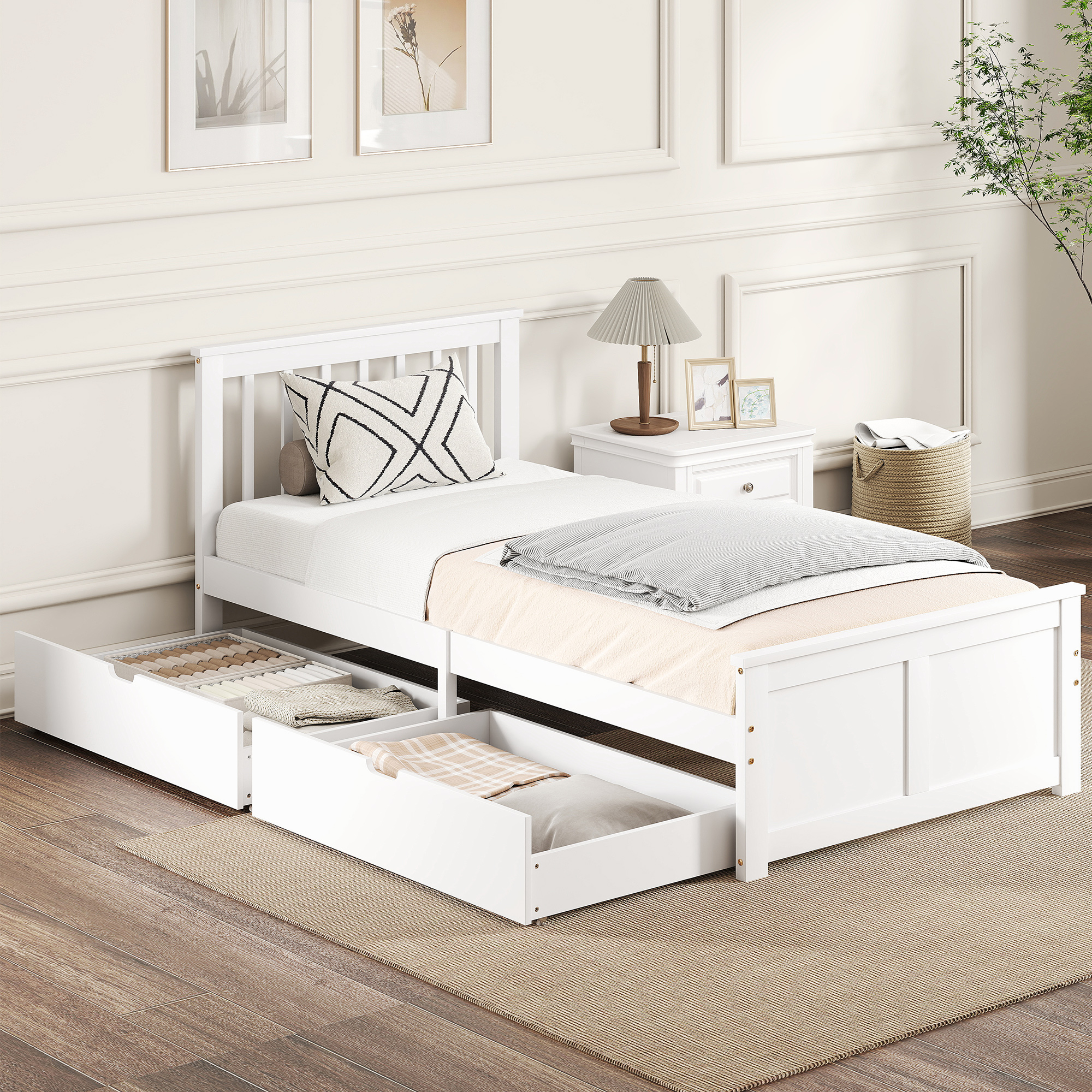 Homcom Struttura letto singolo, Telaio in legno, Cassetti su ruote, 90 x 200 cm, Bianco   Aosom Italy