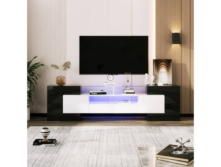 Meuble TV - 200cm - Éclairage LED - Surface en verre - Noir et blanc