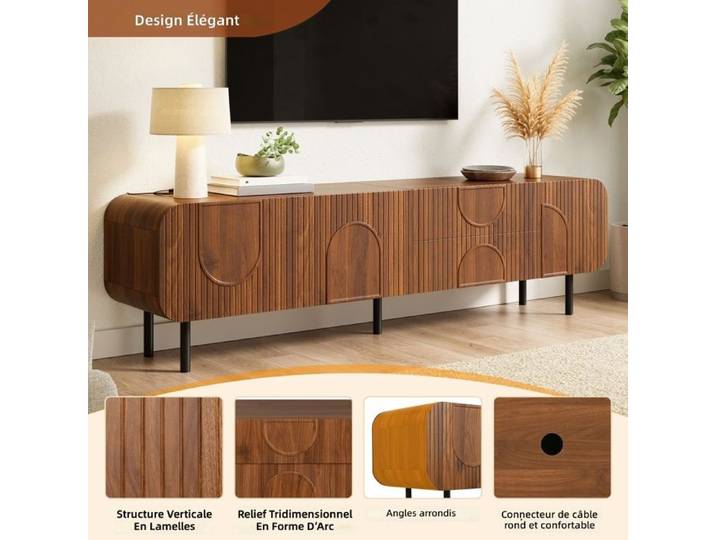 Meuble TV 180 cm noyer style vintage 3 portes 2 tiroirs rangement câbles