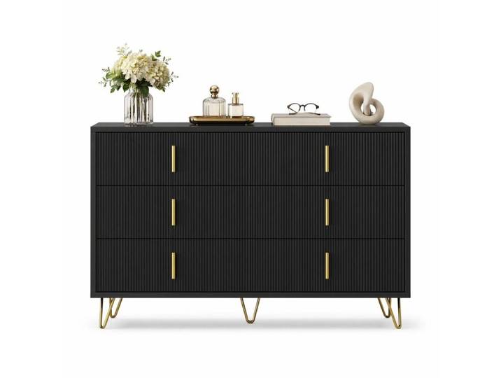 Buffet bas 6 tiroirs – Design contemporain – Noir et or – Poignées dorées