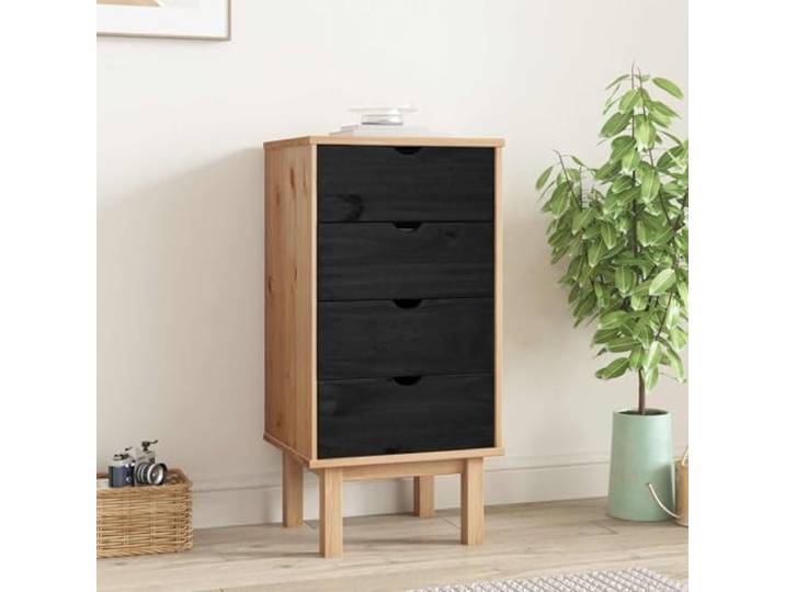 TUERYAFEK Kommode OTTA Schwarz 45 x 39 x 90 cm Massives Kiefernholz 4 Schubladen, skandinavischer Stil, robuste Konstruktion, pflegeleichte Oberfläche, vielseitig einsetzbar