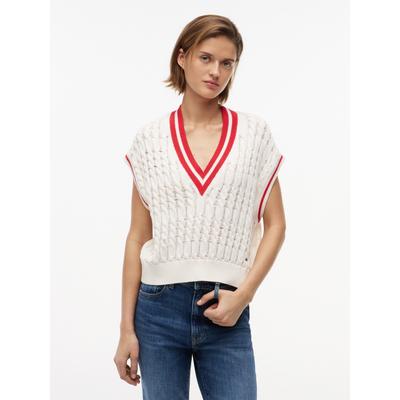 Pullunder TOMMY JEANS "TJW TIPPING V NECK CABLE VEST", Damen, Gr. M (40), weiß (ancient weiß), Strick, Obermaterial: 100% Baumwolle, unifarben mit Farbeinsatz, normal, V-Ausschnitt, Pullover Pullunder, Baumwolle, mit Zopfmuster