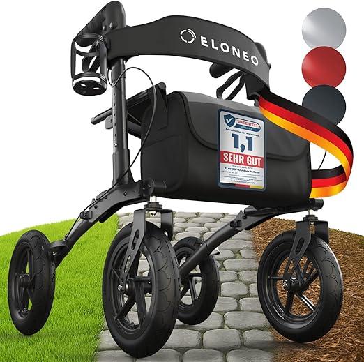 Rollator faltbar und leicht mit Sitz, Outdoor Rollator mit Luftbereifung inkl. Sitzfläche, Rückengurt, höhenverstellbare Gehhilfe aus Aluminium inkl. Tasche und Stockhalter Schwarz