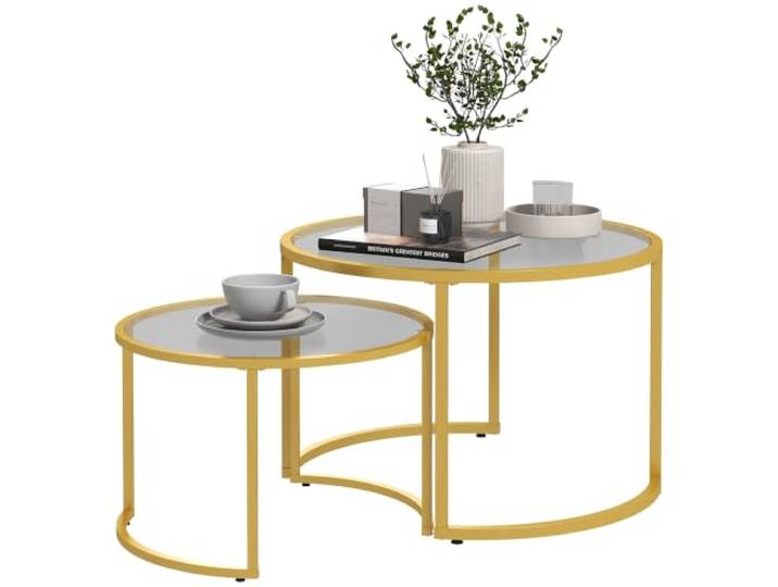 HOMCOM Couchtisch-Set aus 2 Teilen mit Glasplatte, Stahlgestell, Gold Moderne Nesttische für Wohnzimmer