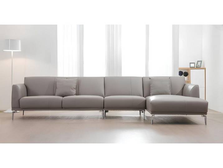 JVmoebel Ecksofa Elegantes graues Leder-Ecksofa mit Ottomane und Edelstahlfüßen, Made in Europa